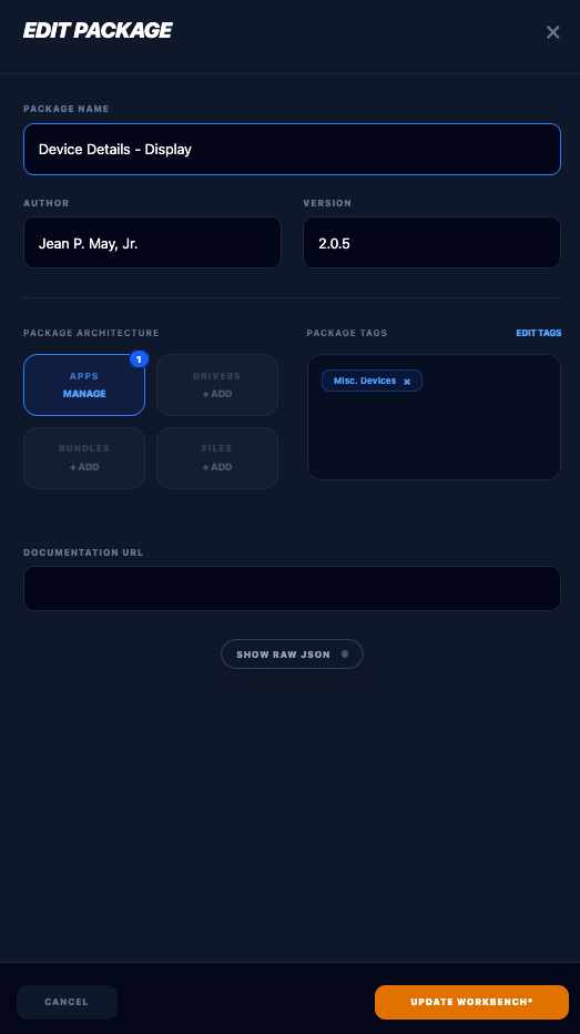 Edit Package slide in with controls