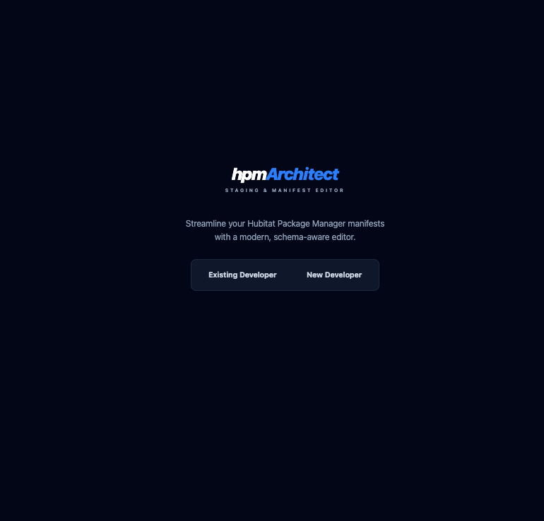 hpmArchitect start screen with logo and action buttons
